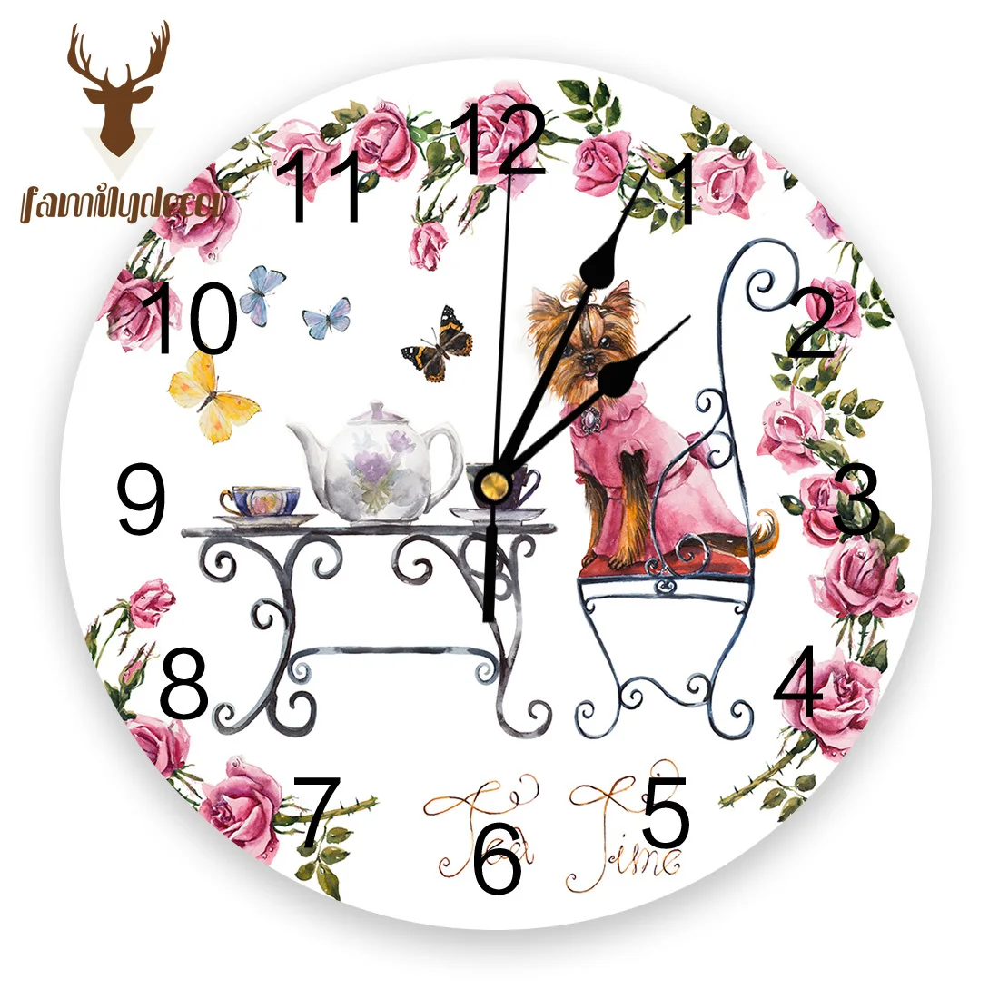 Животные собаки йоркширский терьер и розовая роза ПВХ настенные часы