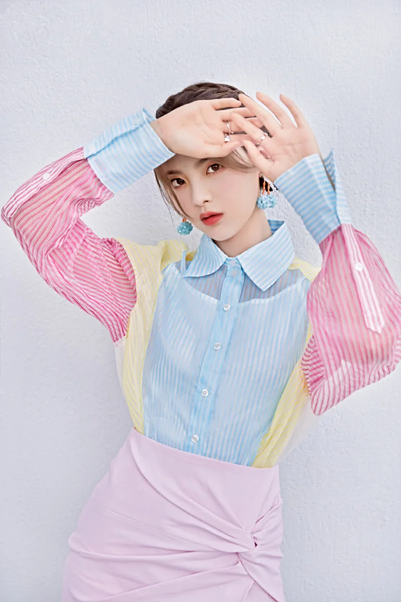 

Shen Mengchen Same Color Matching Stripe Long Sleeve Shirt Early Autumn Perspective Candy-colored Shirt Women 2019