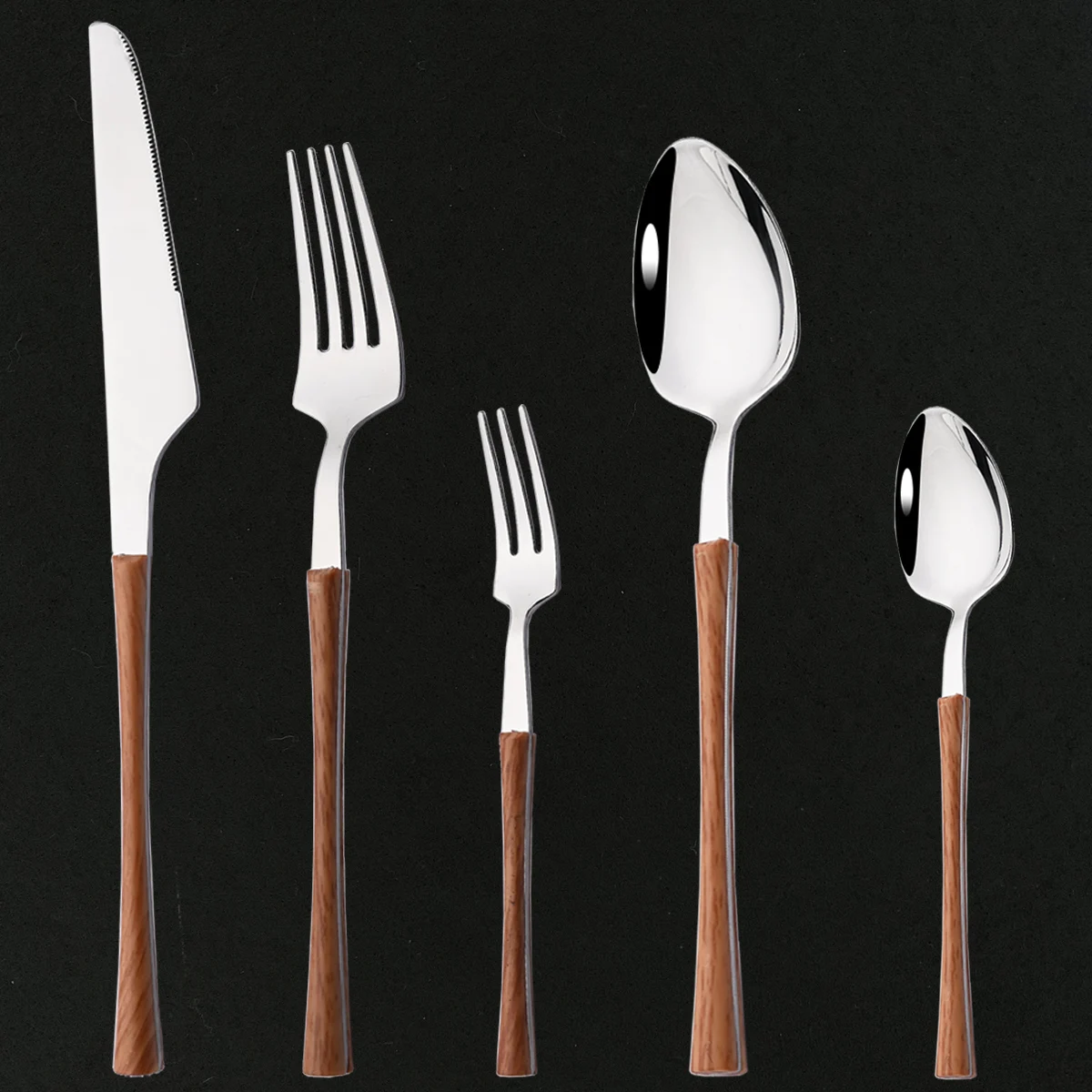 Wooden Handle Western Tableware Stainless Steel Dinnerware Cutlery Set Silver Knife Tea Fork Coffee Spoon Dinner Flatware Set