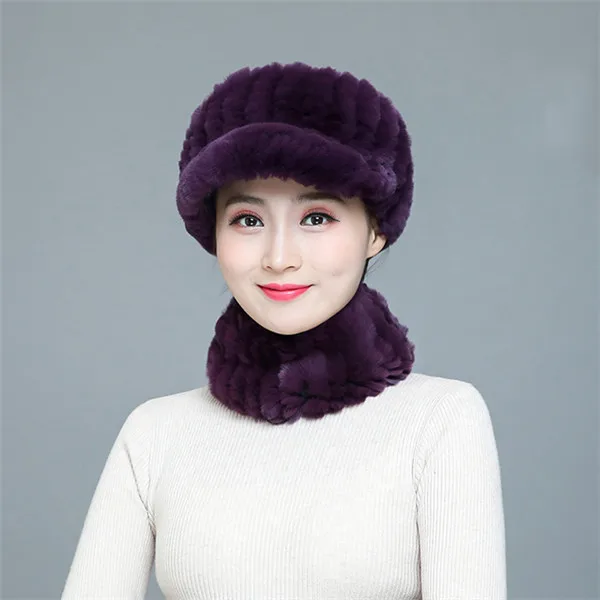 purple Женская меховая шапка для зимы, натуральный мех кролика Рекс, меховая шапка, русский женский мех, известный бренд, новая модная шапка, шапка s - Цвет: purple