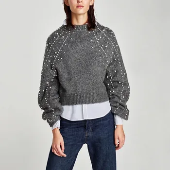 

2019 Autumn And Winter New Fashion Temperament Women Loose Casual Plus Beaded Short Pullover Sweater Z617