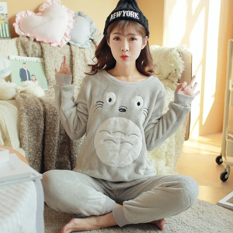 Drop shopping Winter Girl Cartoon Pajamas Long Sleeve Chinchilla Set Cute Totoro Round Neck women Flannel Pajamas sets female