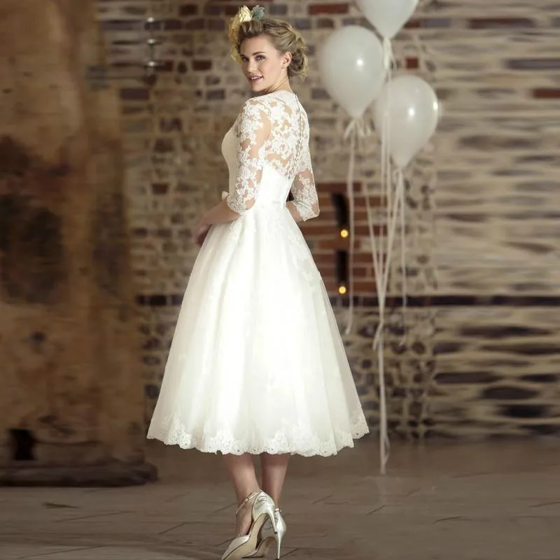 Vestidos de novia de encaje corto, longitud t&eacute;, manga larga, V, con cuello vestidos novia, apliques encaje, vestido