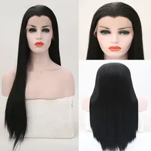 Bombshell черный шелковистый прямой синтетический 13*3 парик фронта шнурка термостойкие волокна волос естественные волосы Расставание для женщин