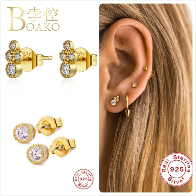 Real 925 Silver Earrings For Women Gold Small Zircon Girl Gift Cartilage Piercing Female Geometric aretes Z5 | Украшения и