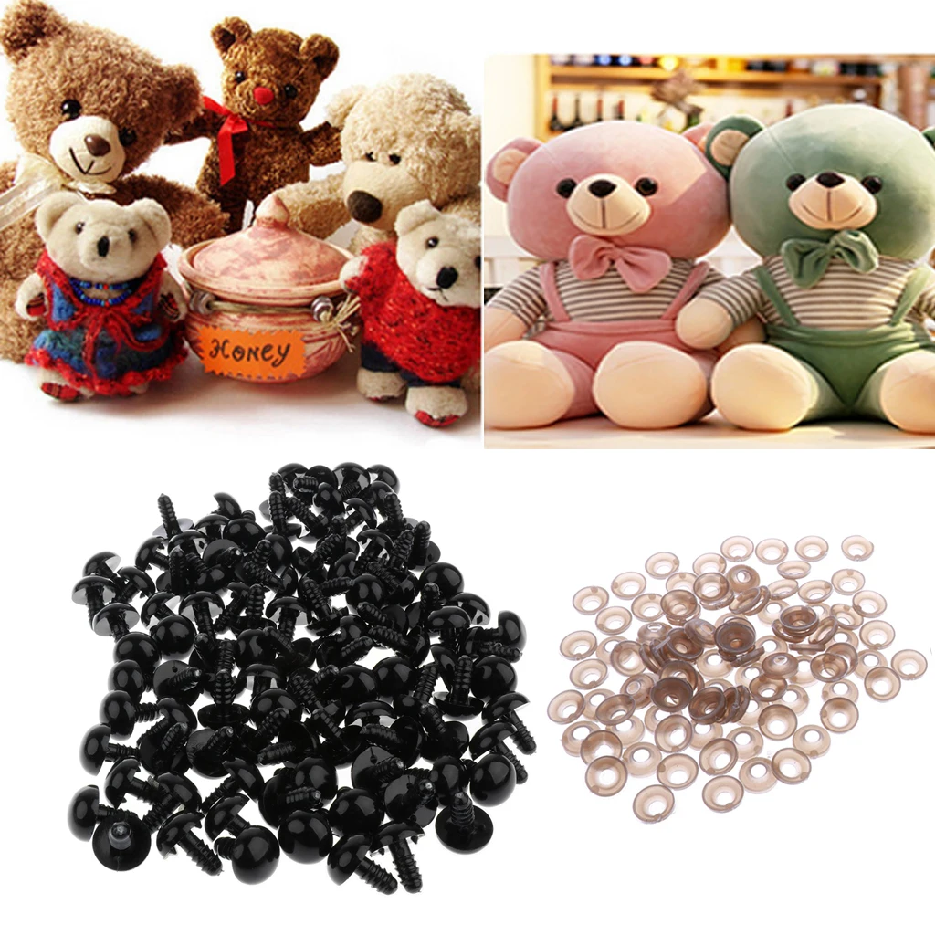 100 Pieces Black Plastic Safety Eyes With Washers Backs For Dolls DIY Making, Stuffed Animals Bear Crafts, 5~40mm