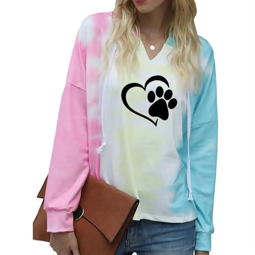 Dog Paw Print Hoodies For Women Tie-Dye Hooded Long-Sleeved Sweatshirt Tops Oversize Ladies Pullovers Women Pockets