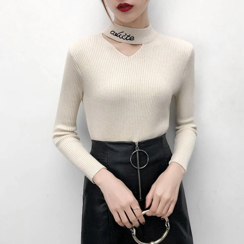 Women Sweaters Sexy V-Neck Hollow Long Sleeve Soft Elastic Pull Sweaters Female 2019 Autumn Winter Slim Knitted Korean Pullover
