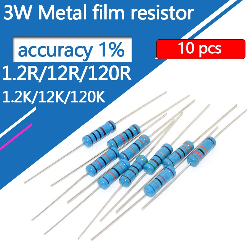 10pcs/lot 3W Metal film resistor five-color ring 1.2R 12R 120R 1.2K 12K 120K Ohm Accuracy 1% resistance | Электронные компоненты