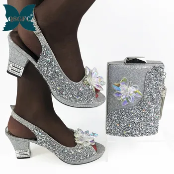 

New Fashion Italian Ladies Shoes and Bags To Match Set Decorated with Rhinestone Nigerian Women Party Pumps Elegant Crystal Shoe