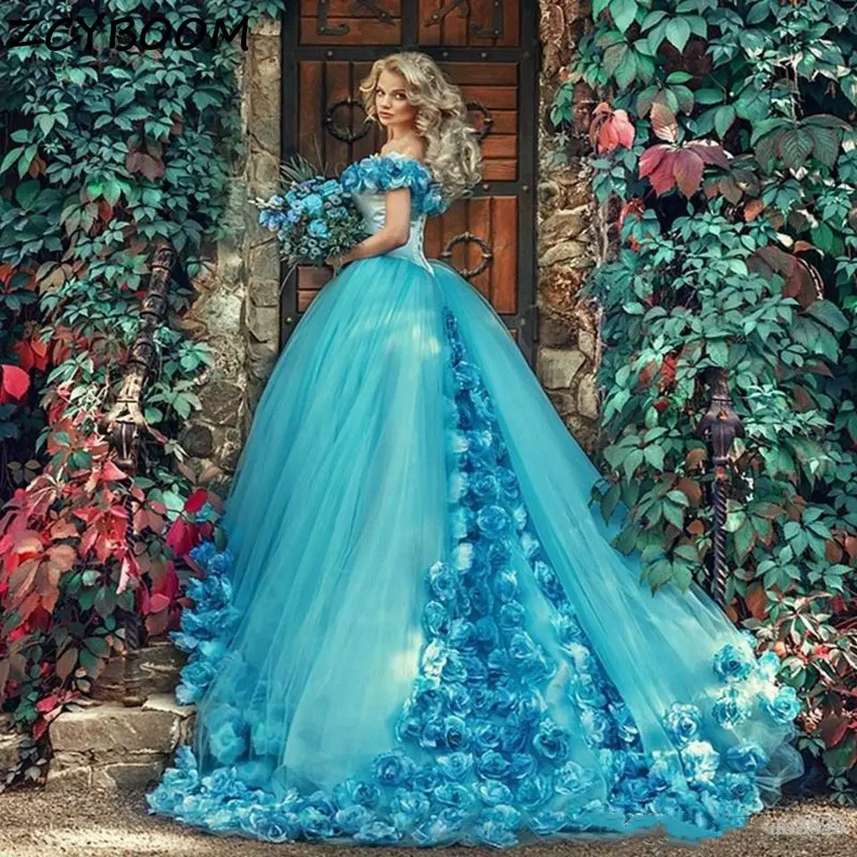 Blue Off Shoulder Quinceanera Dresses Red Ball Gown Tulle Flowers Formal Party Evening Sweet 18 Vestidos Elegant Prom Dress