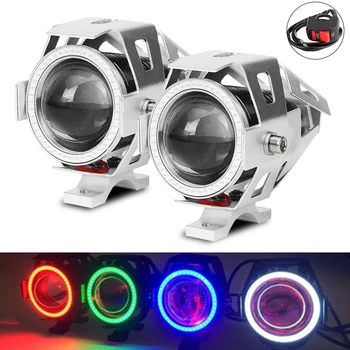 

Motorcycle LED spotlights Angel Eyes with devil Eyes Double Aperture DRL Headlight Hi/Lo beam Flashing auxiliary spot light