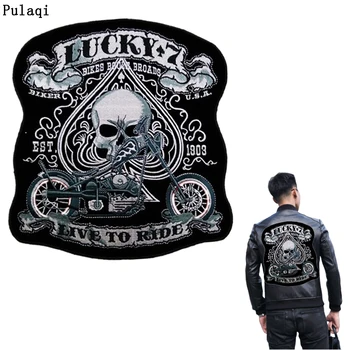 

Pulaqi Punk Skull Iron On Embroidered Patches Stripes For Clothes Big Motorcycle Rock Biker Hippie Patches Applique Back Jacket