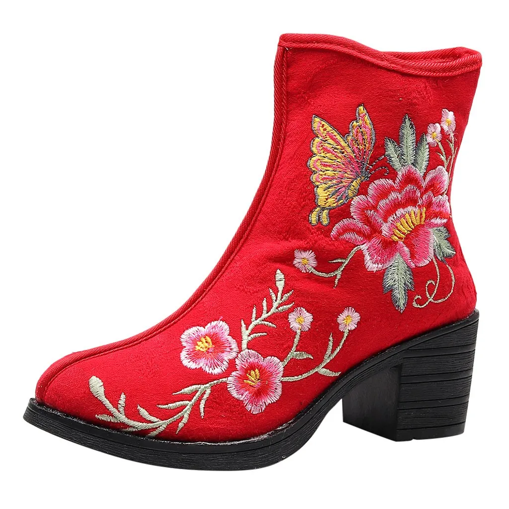 

Jaycosin 2019 Women's Bird Embroidered Ankle Bare Booties Sport Side Zip Square Heel Boots Winter Zapatos Mujer #Aug P30