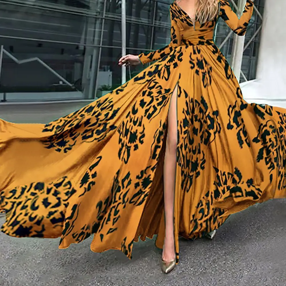 

Yellow Dress Women's Sexy V-neck Printed Beach Boho Elegant Vintage Split Long Maxi Dresses Long Sleeve Party Evening Vestido