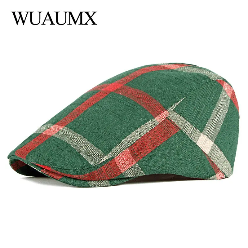 

Unisex Thin Breathable Beret Hat Men Women Plaid Forward cap Spring Summer Berets Cap Green Black Flat Peaked Hats Visor