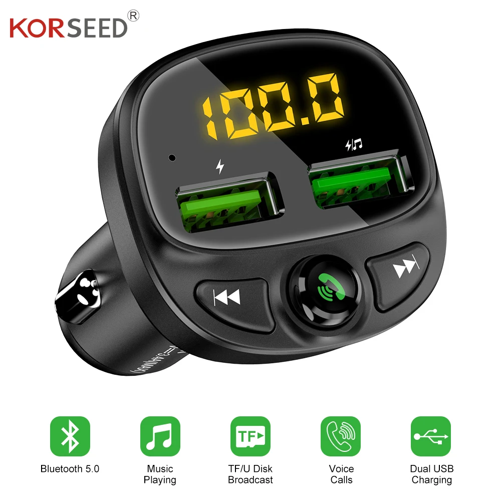 

KORSEED USB car charger for phone FM wireless transmitter Bluetooth MP3 player USB charger Dual TF Music card Car hands-free kit
