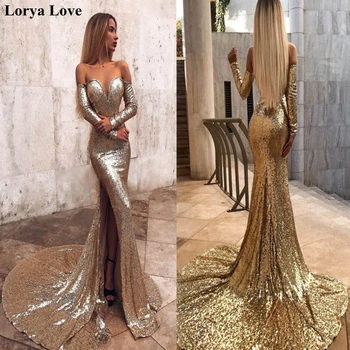 

Gold Sequin Split Sexy Evening Dresses 2020 Party Robe De Soiree Elegant Off Shoulder Long Sleeve Vestidos Shiny Prom Maxi Dress