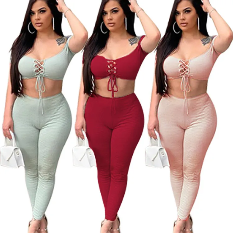 Women's two-piece suit, 2021 spring and summer solid color women's new casual fashion sexy threaded foot pants two-piece suit