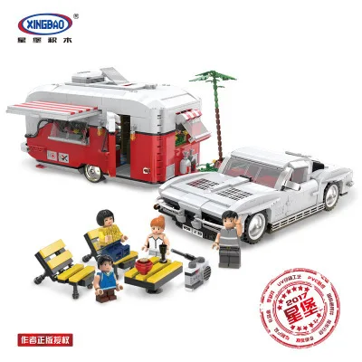 XINGBAO 08003 Creative Engraved Dream Beach Caravan Assembling Inserted Building Blocks Educational Toy
