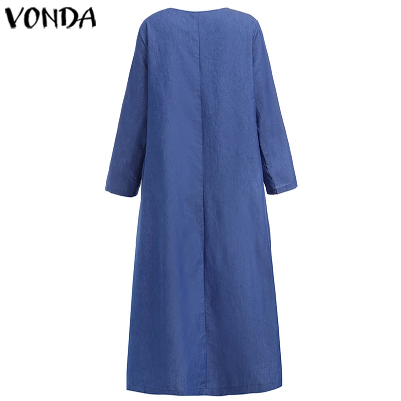 VONDA/осеннее однотонное платье с длинным рукавом размера плюс, богемные вечерние платья макси, повседневное пляжное платье с круглым вырезом, Femme Robe 5XL Vestidos
