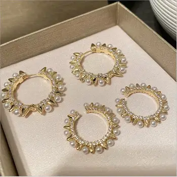 

Long tail multi-ring rivet pearl earring earrings ins pearl inlaid rhinestone earrings female