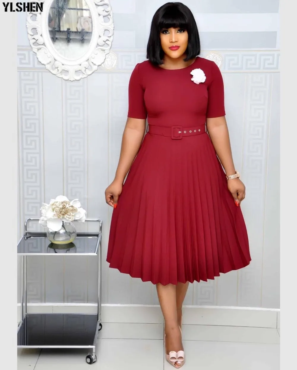 Pleated African Dresses For Women 2020 Elegent Fashion Style African Women Plus Size Polyester Knee-length Dress S-3XL 01