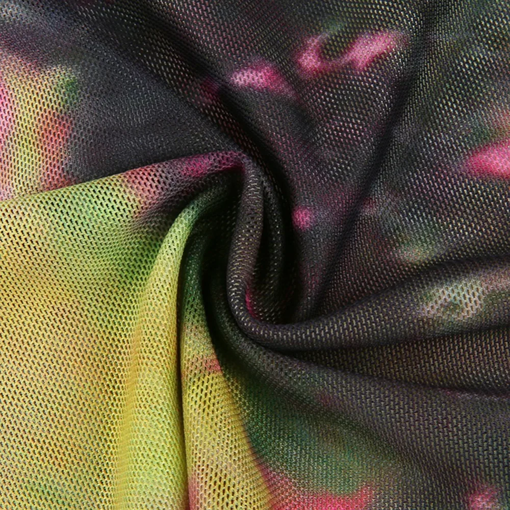 Сексуальная прозрачная Сетчатая футболка Tie Dye, женская футболка с длинным рукавом, укороченная футболка с высоким воротом, Повседневная Базовая укороченная футболка