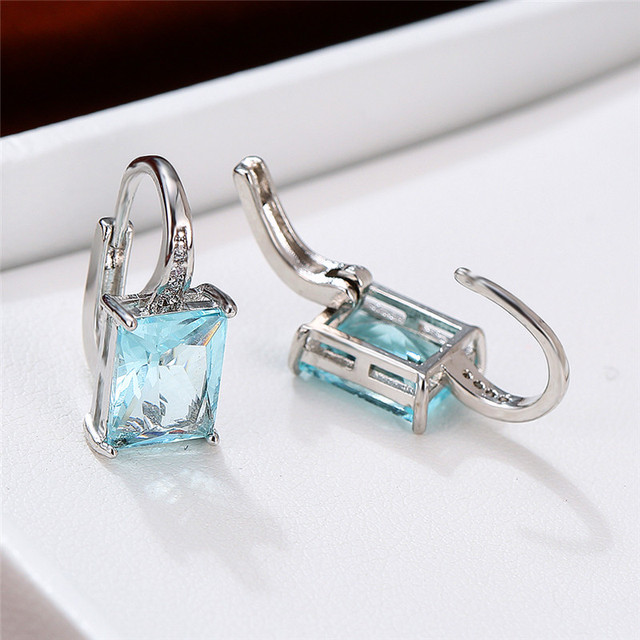 Female Blue Zirconia Stone Earrings Charm Small Clip Earrings For Women Minimalist Rainbow Square Wedding Earrings