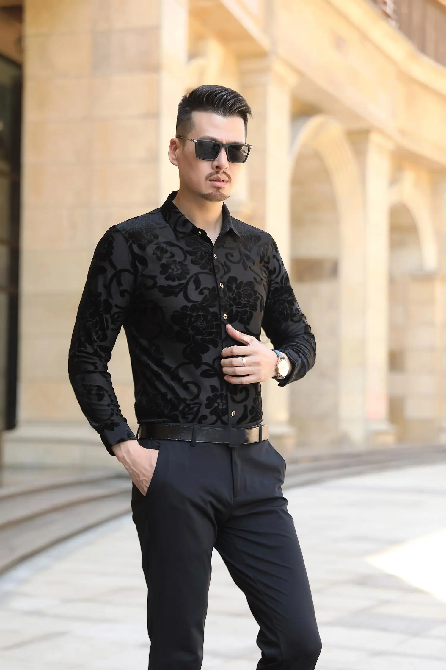 

Mens Young Man Large Flower Pattern Long Sleeve Shirts Blouse Casual Tops Red Black