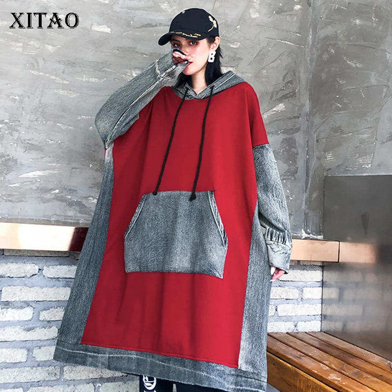 

XITAO Drawstring Hit Color Hoodies Women Long Patchwork 2019 Winter Elegant Hooded Collar Pocket Small Fresh Hoodies GCC2679