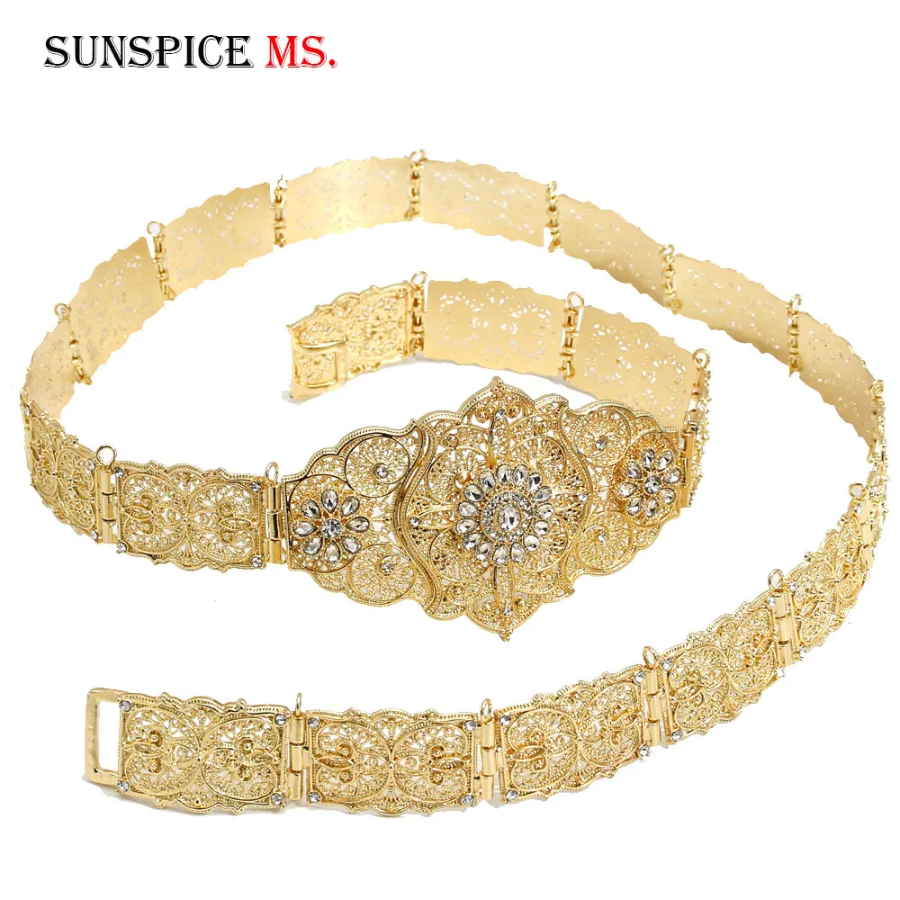 Cena Vintage europejskie kobiety z dziurką kwiaty w talii łańcuszek kryształowy złoty kolor pas metalowy łańcuszek na brzuch indyjska turecka królewska biżuteria ślubna