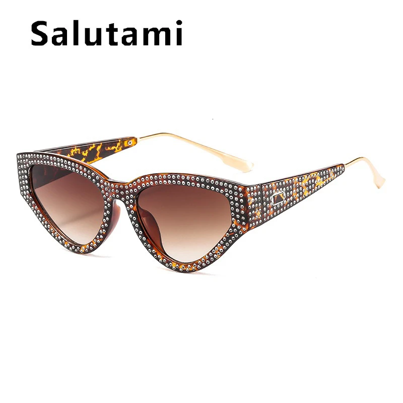 Fake Crystal Cat Eye Sunglasses For Women Luxury Brand Shiny Full Rivet Sun Glasses Female Vintage Round Party Shades Black - Цвет линз: leoaprd tea