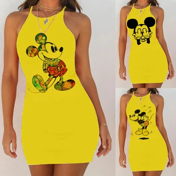 

2020 New Women Nightgown Summer Cartoon Mouse Print Night Dress Slim Pack Hip Sleeveless Wrap Nightdress O Neck Sexy Sleepwear