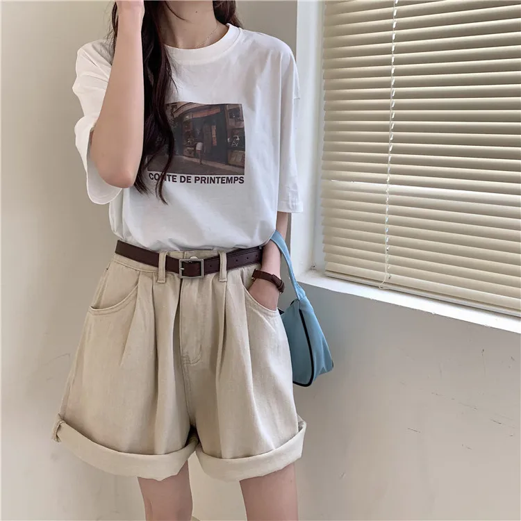 Women's Denim Shorts Rolled Hem Pleated Summer Jeans Short Super Loose Hot Shorts Pockets Jeans Beige Holiday Beach Trendy Wear