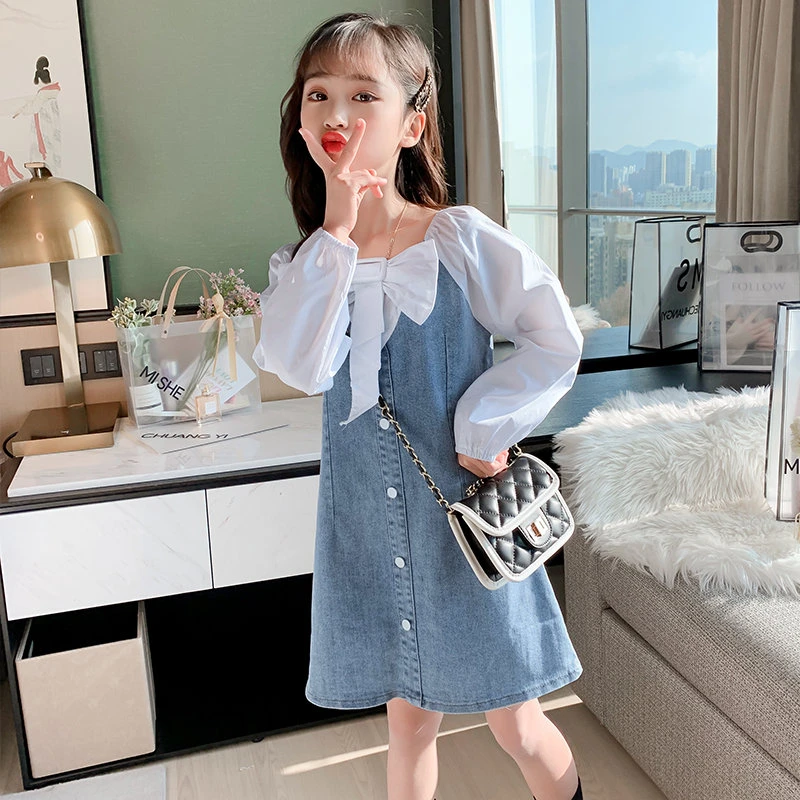 キッズパーティードレスガールズボウタイドレス長袖デニムドレス子供服の王女の誕生日のドレス女の子4 5 7 8 9 11 13年 Aliexpress Mother Kids