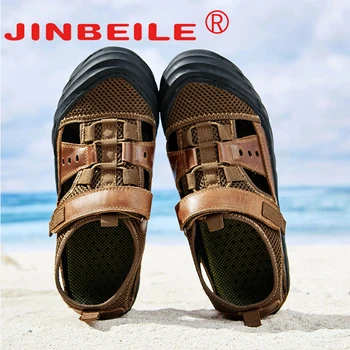 

JINBEILENew Sandals For Men Leather Outdoor Men's Sandals Casual Beach Comfortable Summer Men Breathable Rubber Shoes Size 38-48