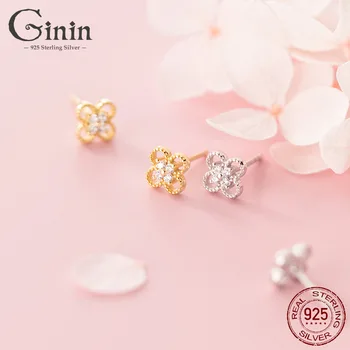 

Ginin 100% 925 Sterling Silver Elegant Cute Four Leaf Clover Shiny Zircon Hollow Stud Earrings for Women Party Gift Jewelry