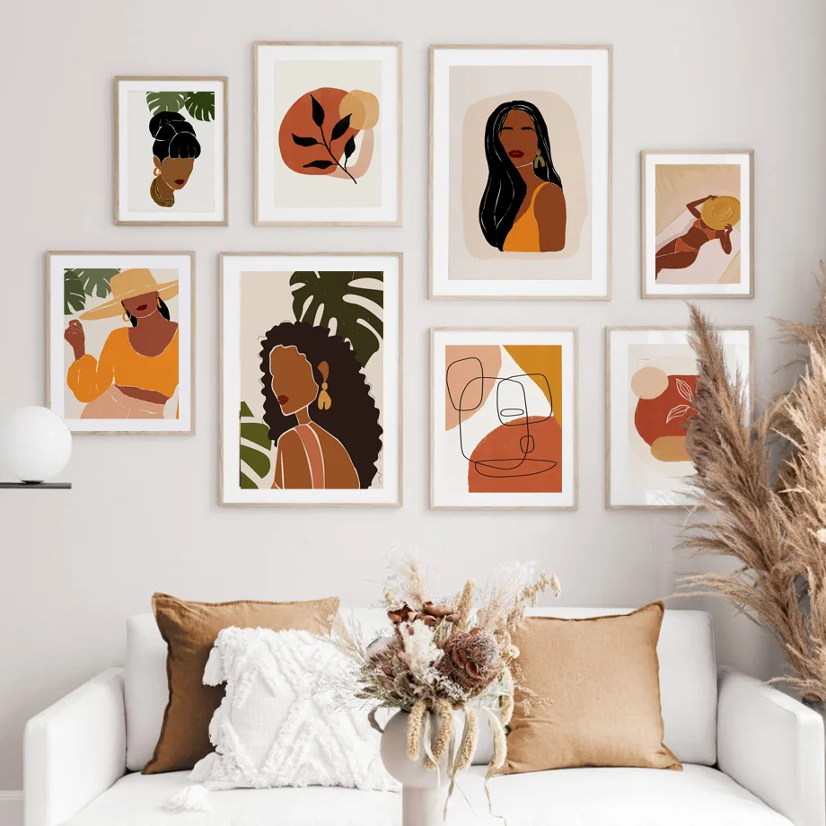 Настенная живопись на холсте абстрактная линия девушка растение иллюстрация