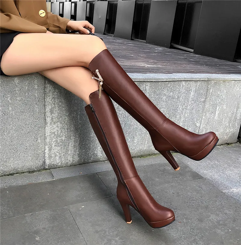 ANNYMOLI Winter Knee High Boots Women Crystal Platform Thick Heels Tall Boots Zipper Super High Heel Shoes Female Big Size 33-43