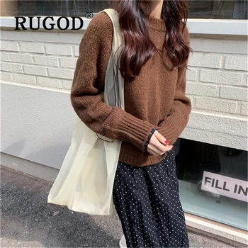 

RUGOD Korean chic solid knitted women sweater elegant round neck back lace up pullovers office ladies wear 2019 Fashion sweaters