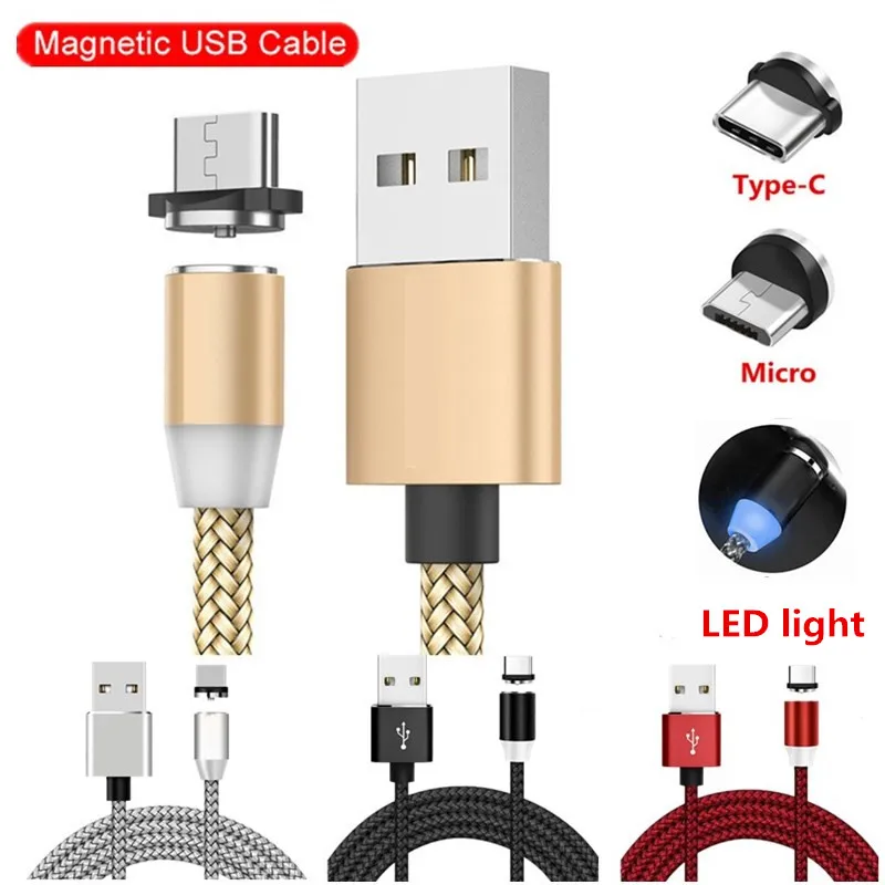 Магнитный кабель 1 м Micro USB Тип C со светодиодами для Samsung Galaxy A51 A50 J1 J2 J3 J5 J7 2016 2017 Grand