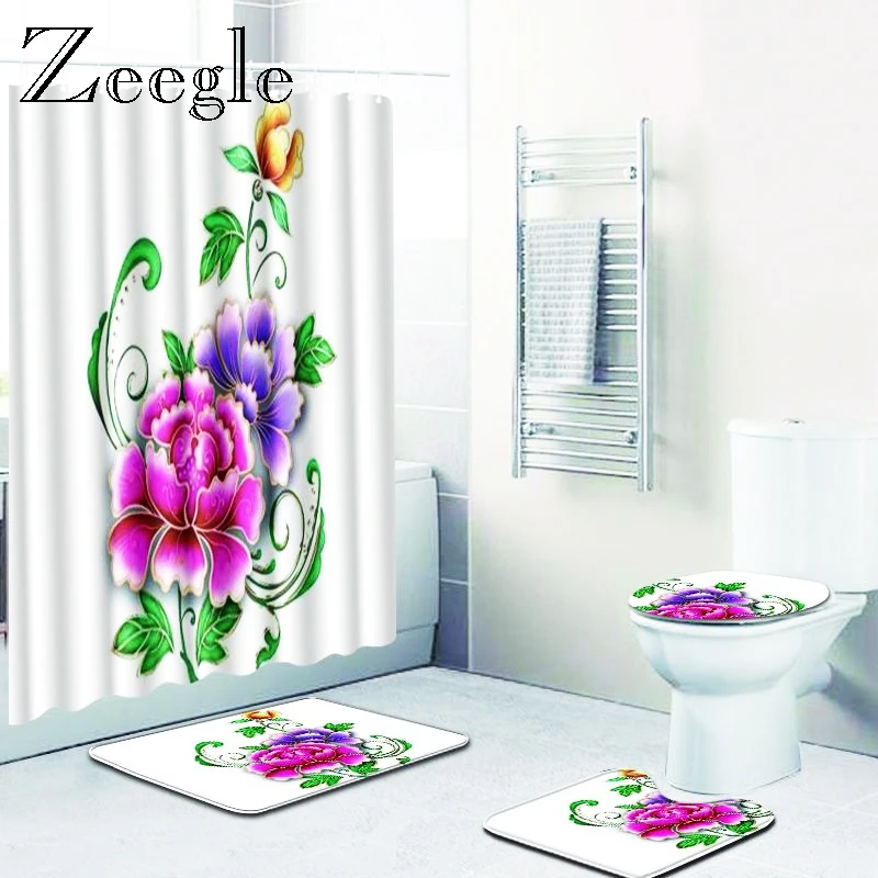 Zeegle Printed Flower Bath Mat Set Toilet Shower Curtain with Hooks Pedestal Rug Lid Toilet Cover Water Absorption Anti Slip Rug