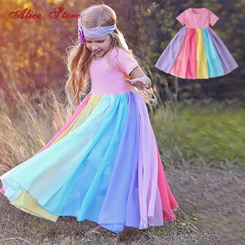 

2020 Summer Girls Short Sleeve Dress Long Rainbow Color Stitching princess Dresses Children's Clothes For 2-8 Yrs kids