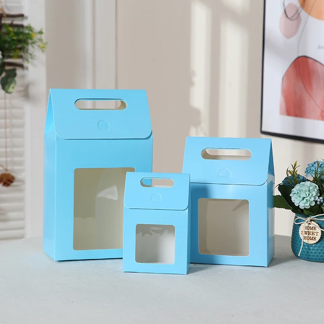 10pcs Red Blue Large Open Window Cowhide Carton Bag Kraft Handle Flap Seal Gift Box Portable Food Gift Small Color Packing Box blue