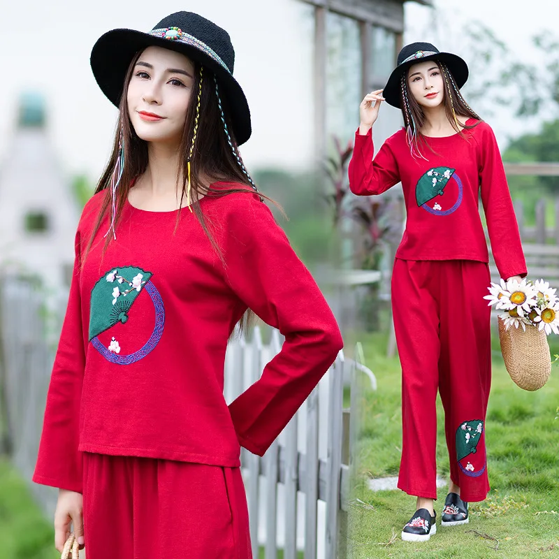 

2018 Autumn New Style Ethnic-Style WOMEN'S Dress Chinese Style Retro Two-Piece Set Loose Long-sleeved Upper Garment Embroidery S