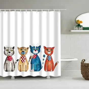 

Waterproof Thicken Shower Curtain Four Cartoon Cats Mildew Proof Bath Tub Shower Curtain with 12 pcs Hooks