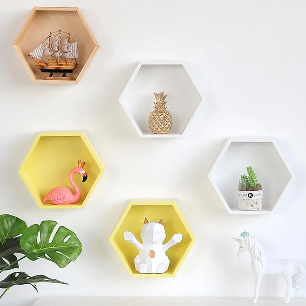 

Nordic Style Wooden Decor Wall Mount Hexagonal Frame Books Toys Flower Pot Storage Shelf Holder Figurines Display Crafts Shelves