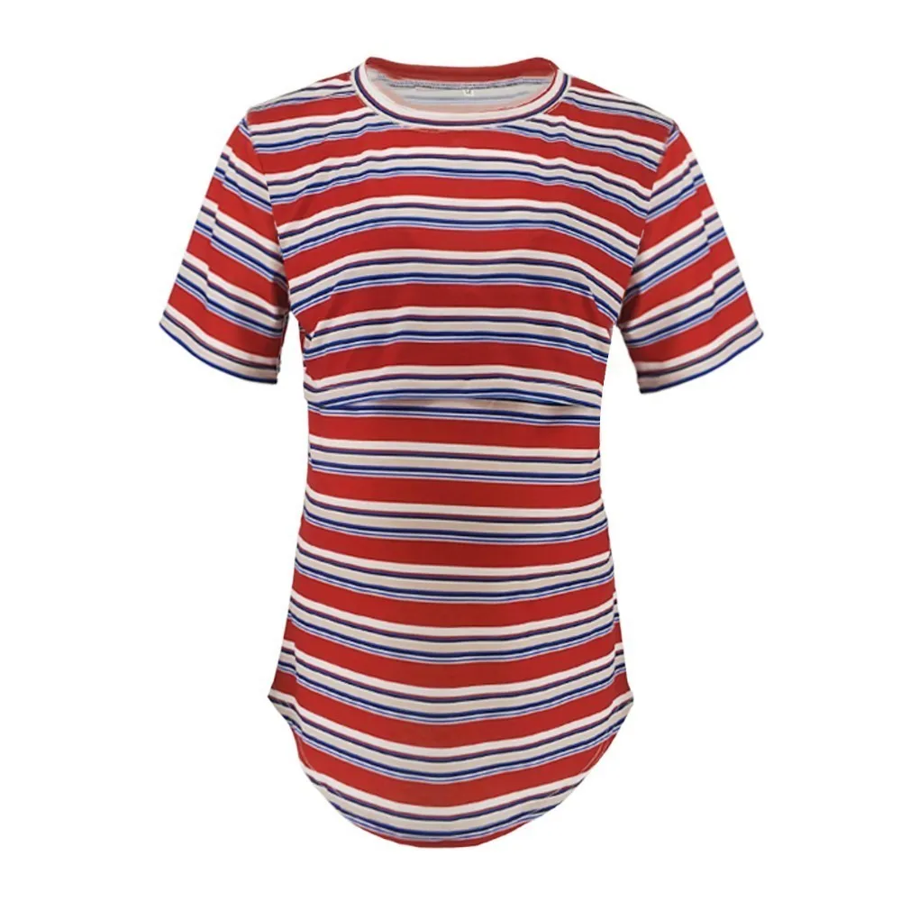 ENXI Striped Maternity Nursing T Shirt O Neck Summer Casual T-shirt Clothes For Pregnant Women Pregnancy Feeding Tee Top