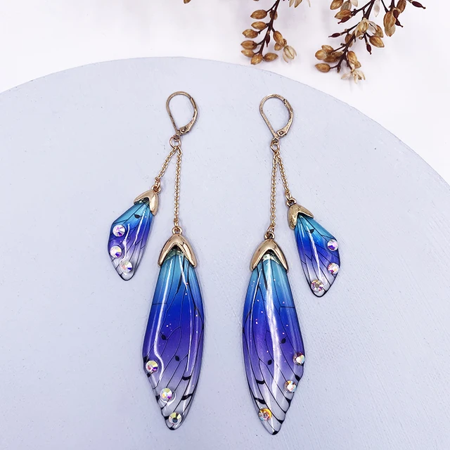 Fairy Resin Butterfly Earrings for Women Shining Crystal Flake Double Wing Long Drop Earrings Ladies Wedding Party Jewelry 2020 CP-Blue